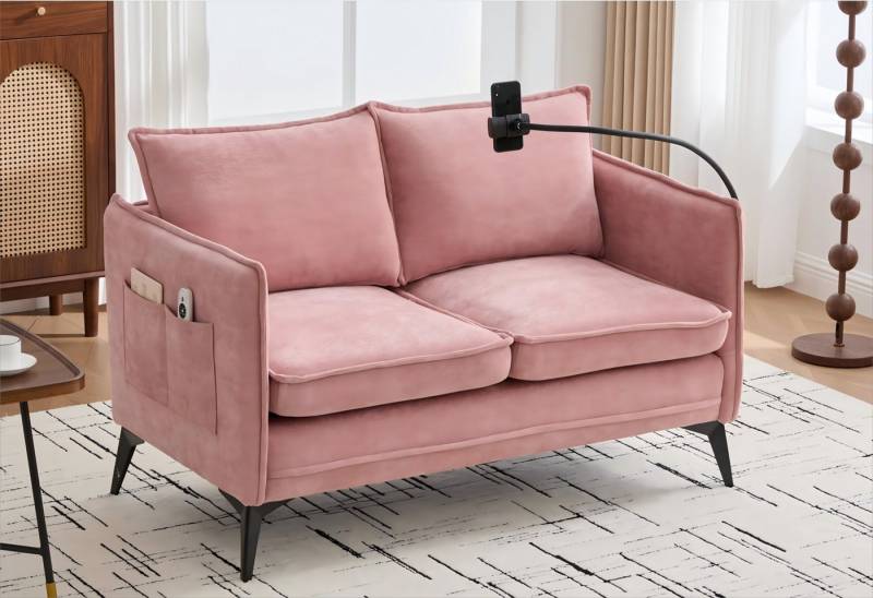 LVHOM 2-Sitzer Polstersofa mit USB/Typ C-Ladefunktion & Handyhalter, Seitentasche, (127x69x66cm) Ergonomisches Chenille-Sofa mit verstellbarer Handyhalterung, Ladeanschlüssen, beidseitigen Staufächern und Reinigungsfreundlichkeit durch abnehmbare Sitzkissen. Metallfüße, 250kg Tragkraft,16cm Bodenfreiheit für Saugroboter., für kleine Räume: Wohn-/Schlafzimmer, Terasse oder Single-Haushalte von LVHOM