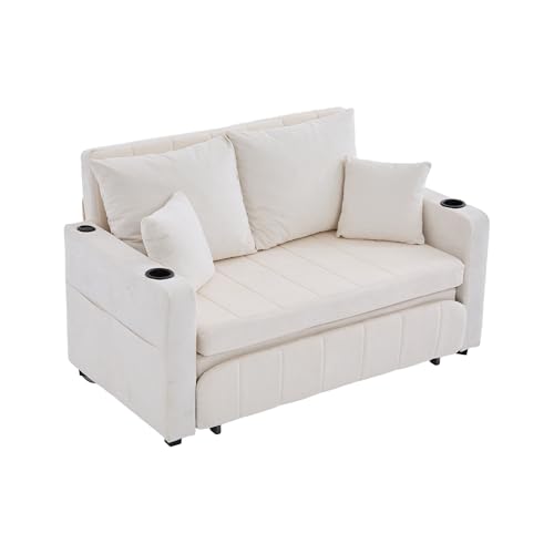 LVHOM 2-Sitzer Mini Sofa mit Schlaffunktion, Bequemer Chenille für Wohnzimmer & Gästezimmer, Ausklappbares Sofa Bed mit USB-C und Becherhalter, Beige von LVHOM
