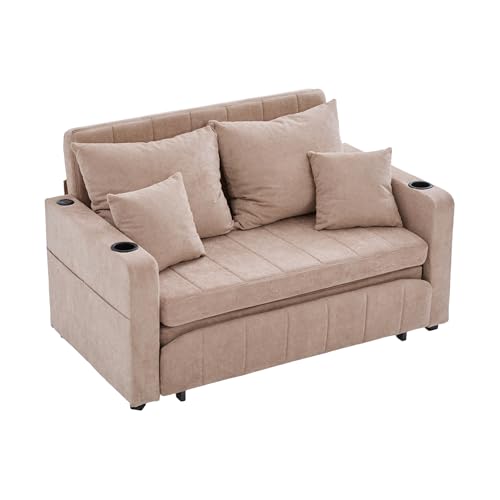 LVHOM 2-Sitzer Mini Sofa mit Schlaffunktion, Bequemer Chenille für Wohnzimmer & Gästezimmer, Ausklappbares Sofa Bed mit USB-C und Becherhalter, Khaki von LVHOM