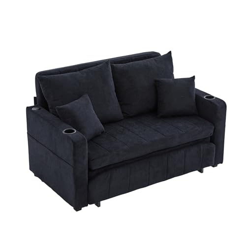 LVHOM 2-Sitzer Mini Sofa mit Schlaffunktion, Bequemer Chenille für Wohnzimmer & Gästezimmer, Ausklappbares Sofa Bed mit USB-C und Becherhalter, Schwarz von LVHOM