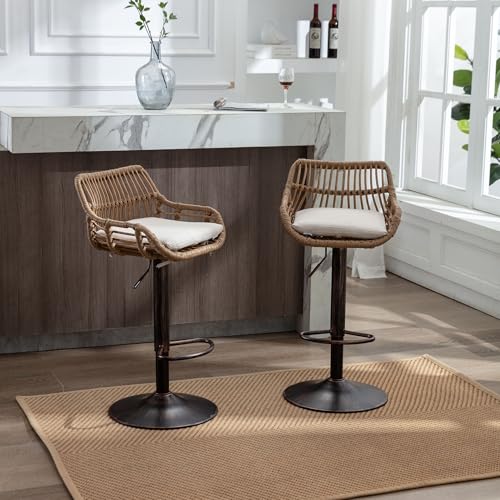 LVHOM Barhocker 2er Set Höhenverstellbar mit Fußstütze Indoor/Outdoor, 360° Drehbar Barstuhl, Ideal für Kücheninsel, Garten, Balkon (Beige Leinenkissen) von LVHOM