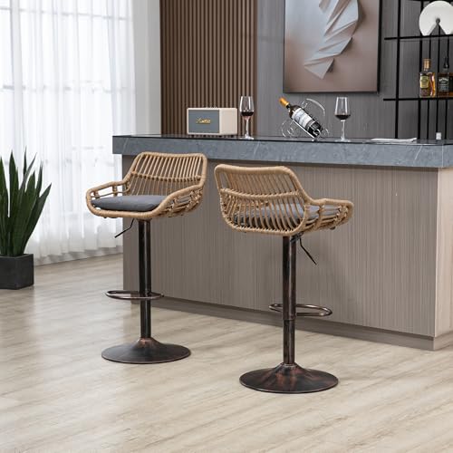 LVHOM Barhocker 2er Set Höhenverstellbar mit Fußstütze Indoor/Outdoor, 360° Drehbar Barstuhl, Ideal für Kücheninsel, Garten, Balkon (Grau Leinenkissen) von LVHOM