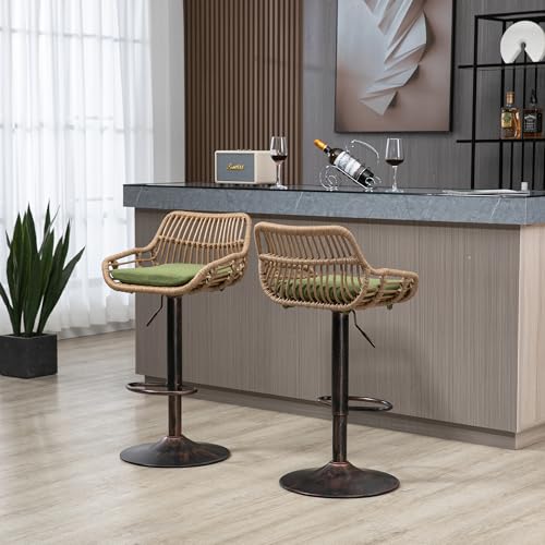 LVHOM Barhocker 2er Set Höhenverstellbar mit Fußstütze Indoor/Outdoor, 360° Drehbar Barstuhl, Ideal für Kücheninsel, Garten, Balkon (Grün Leinenkissen) von LVHOM