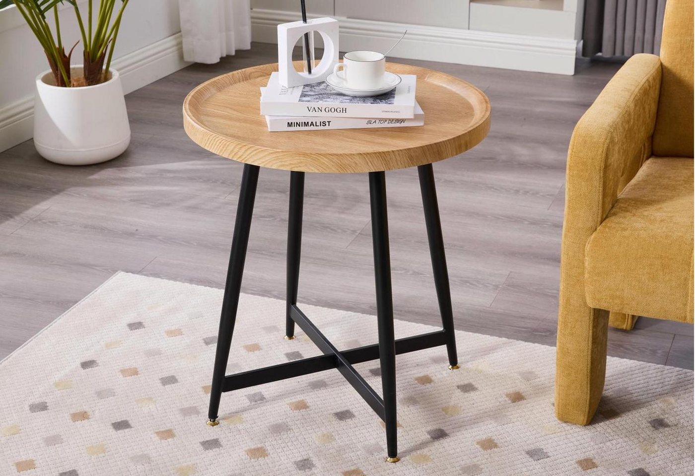 LVHOM Beistelltisch Couchtisch,modernes, rundes Design, hochwertige Holzplatte (Stabile und langlebige Metallbeine mit Kreuzverstrebung, höhenverstellbar und mit rutschfesten Füßen,pflegeleicht), Ideal als Sofatisch, Wohnzimmertisch oder stilvoller Nachttisch von LVHOM