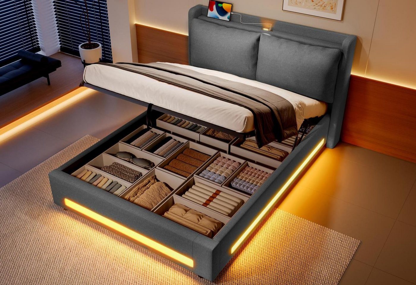 LVHOM Boxbett 140x190cm/140x200cm/160x200cm,mit Bettkasten,Kopfteil mit Staufach (Hydraulischer Stauraum, platzsparendes Design, stabiler Rahmen, USB-/Typ-C-Anschluss, LED-Beleuchtung, Abnehmbares Kopfteilkissen und integrierte Staubschutzhülle), hochwertiges Samtbettgestell,für Schlaf-/Jugendzimmer und Apartments von LVHOM