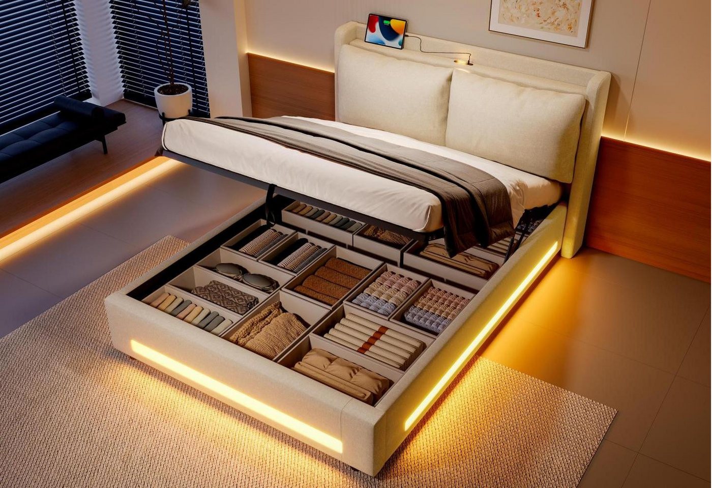 LVHOM Boxbett 140x190cm/140x200cm/160x200cm,mit Bettkasten,Kopfteil mit Staufach (Hydraulischer Stauraum, platzsparendes Design, stabiler Rahmen, USB-/Typ-C-Anschluss, LED-Beleuchtung, Abnehmbares Kopfteilkissen und integrierte Staubschutzhülle), hochwertiges Samtbettgestell,für Schlaf-/Jugendzimmer und Apartments von LVHOM