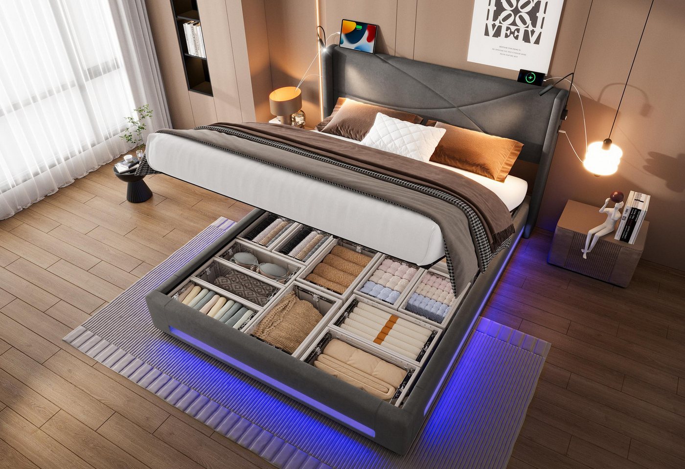 LVHOM Boxbett 140x200/160x200cm, Bettgestell mit integrierter Beleuchtung & Stauraum (USB/Typ-C-Ports, XXL-Hydraulik-Storage, platzsparend & Smart-Home-Anschlüssen, 300 kg Tragkraft, Homeoffice, Seniorenfreundliche Räume, Designorientierte Räume), Schlafzimmer,Familienzimmer,Mietwohnungen,Kleinwohnungen,Gästezimmer LVHOM Boxbett 140x200/160x200cm, Bettgestell mit integrierter Beleuchtung & Stauraum (USB/Typ-C-Ports, XXL-Hydraulik-Storage, platzsparend & Smart-Home-Anschlüssen, 300 kg Tragkraft, Homeoffice, Seniorenfreundliche Räume, Designorientierte Räume), Schlafzimmer,Familienzimmer,Mietwohnungen,Kleinwohnungen,Gästezimmer von LVHOM