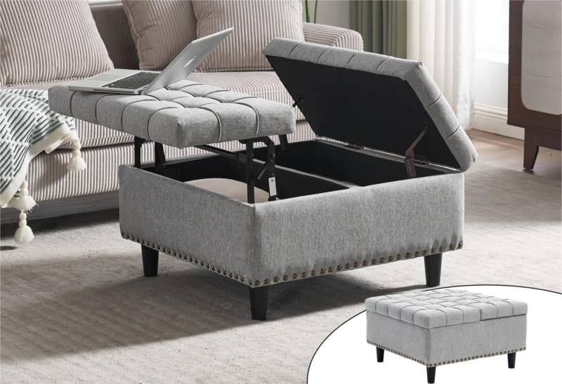LVHOM Couchtisch Höhenverstellbarer Aufbewahrungsstuhl/Sitzhocker (integrierter Doppelstauraum, höhenverstellbare Tischplatte (PC-freundlich), nutzbar als Hocker/Tisch/Sitz, PU Leder oder Leinen in Farben, klassisches Design mit Nieten und Raffung, Belastbarkeit bis 130 kg, Quadratischer Stauraumstuhl mit multifunktionalem Design), für Wohnzimmer, Schlafzimmer, Homeoffice zur Steigerung des Komforts von LVHOM