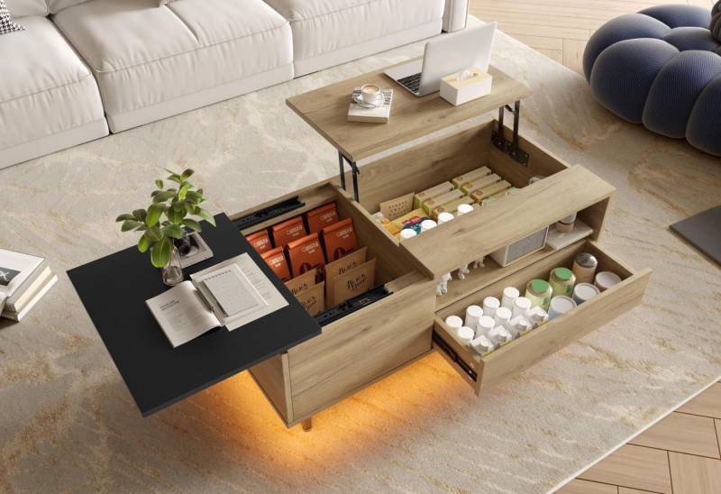 LVHOM Couchtisch mit LED, 4 Stauraum (Schubladen, offene/versteckte Fächer) (verstellbarer Tischplatte(praktischem Lift-Design) für Homeoffice/Büro/Essen, 4-fach-Stauraum sortiert Geräte/Snacks/Entspannung, LED-Ambience für gemütliche Abende, Umweltfreundliche Materialien und intelligentes Design kombiniert), für kompakte Räume, Wohnzimmer, Schlafzimmer, Arbeitszimmer von LVHOM