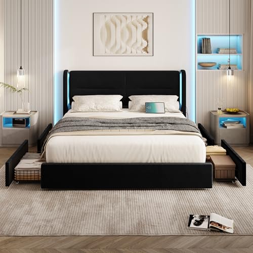 LVHOM ​​Doppelbett​ Bettgestell 140x200 cm mit USB-C & LED | Velvet Bettrahmen mit 4 Stauschubladen | einfach montiert - Schwarz von LVHOM