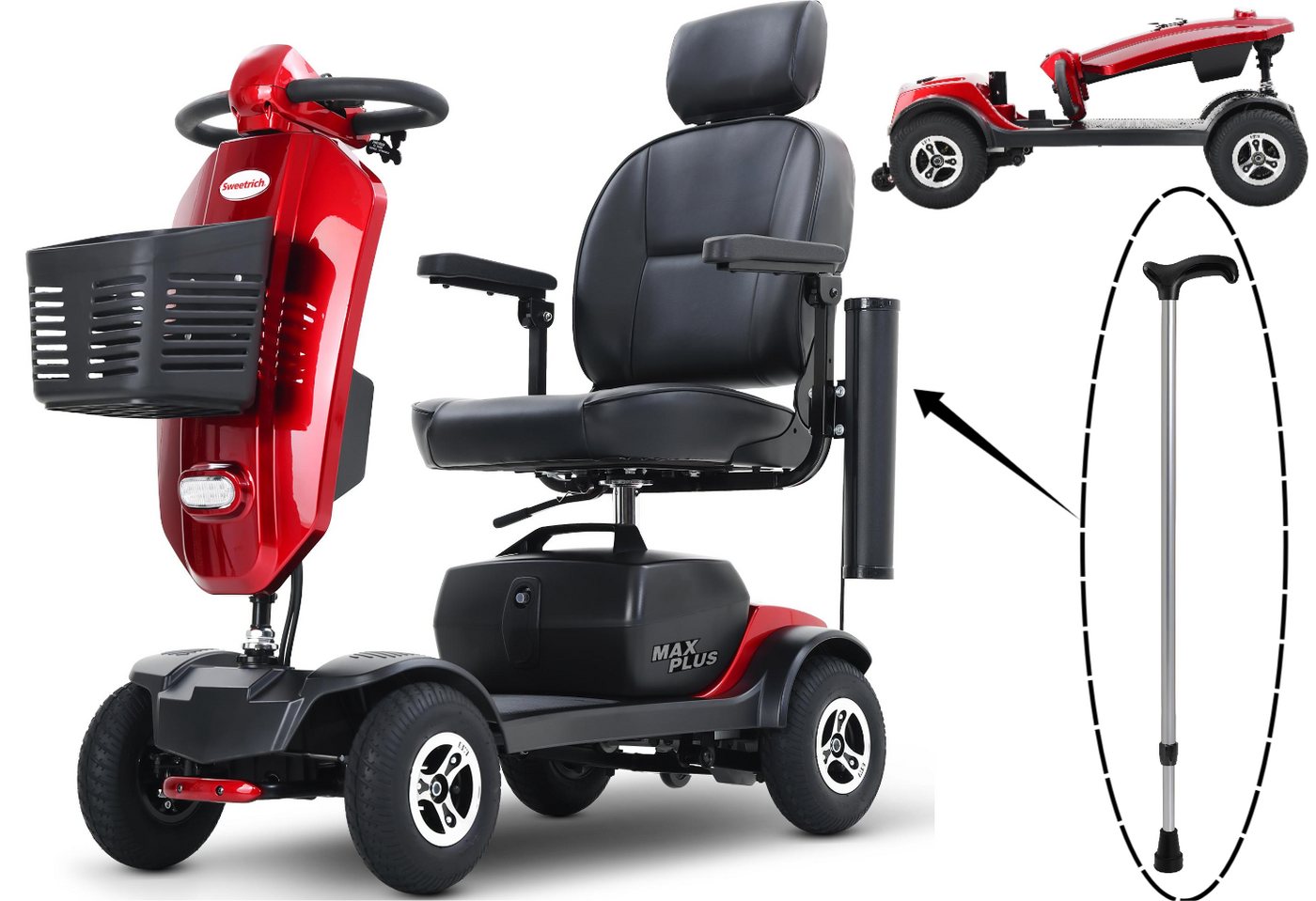 LVHOM Elektromobil 4-Rad-Scooter, faltbar, 30km Reichweite, 300W, 945MM, 136kg Tragkraft, 300 W, (360°-Drehsitz mit Kopfstütze, verstellbare Armlehnen, Integrierte Windschutzscheibe mit Getränkehaltern, ergonomischer Stockhalter, 2 USB-Ladestationen, 32 cm Beinfreiheit, Hinterradfederung, LED-Scheinwerfer, Bremslicht, elektromagnetische Handbremse), Fortschrittliches Elektroauto für aktive Senioren, Gesamtgewicht: 52kg von LVHOM