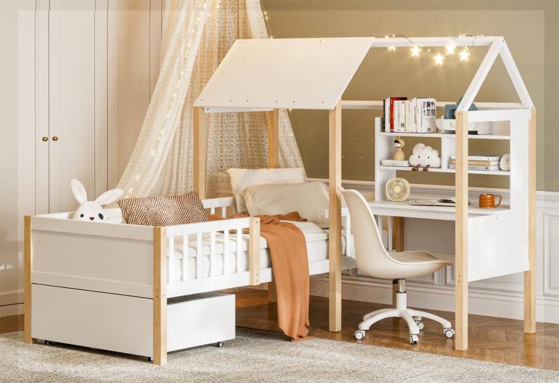 LVHOM Hausbett 90x200,Schreibtisch,Schubladen mit Rollen,Rausfallschutz & Lattenrost (Spar-Set, L-förmig, Schreibtisch, Bücherregal, 1 Schubladen, Naturholz), Multifunktionales Hausbett aus Massivholz in Weiß von LVHOM