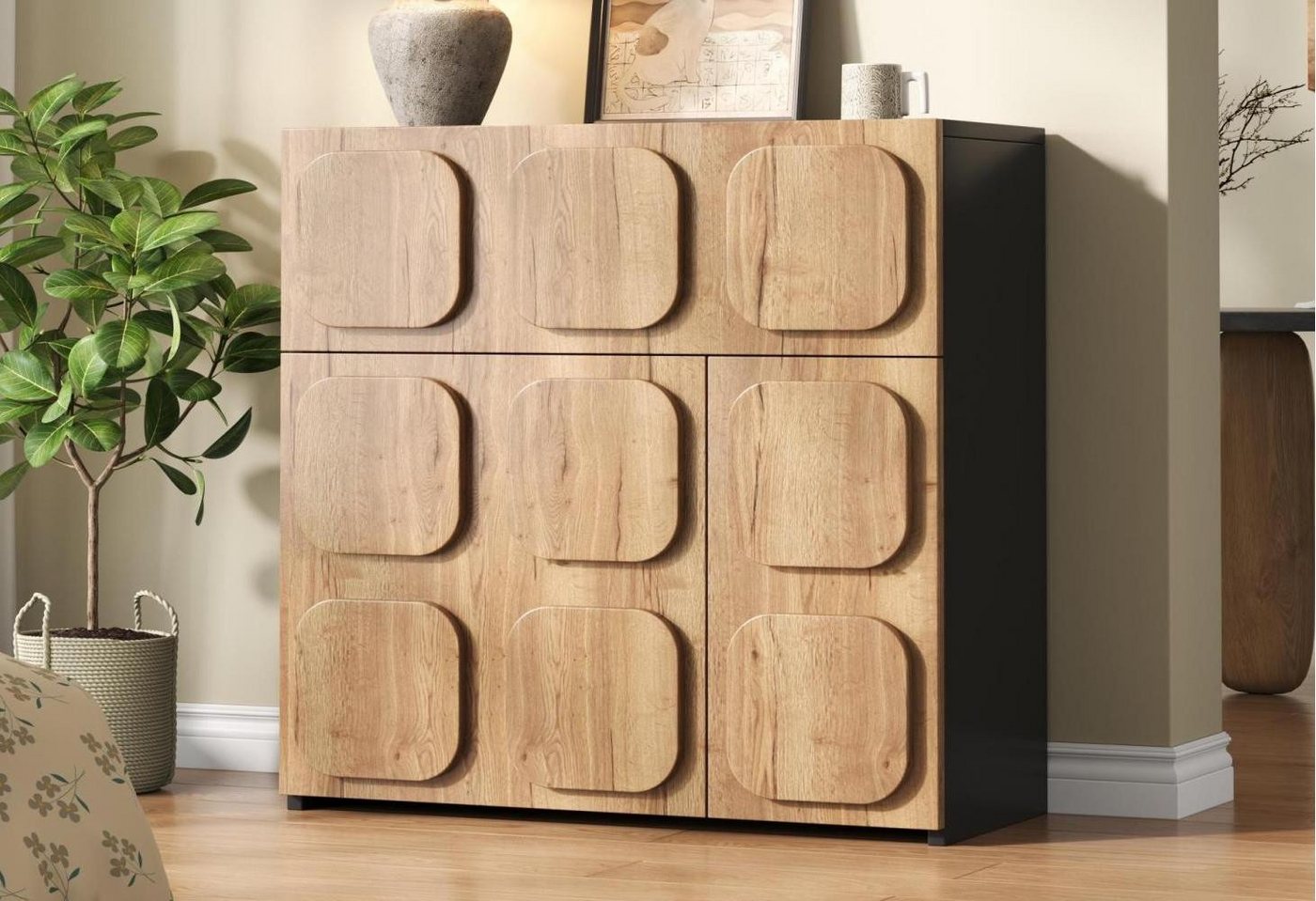 LVHOM Kommode Retro-Holzoptik mit schwarzen Seitenwänden, einzigartiges Design (mehrere Fächer, viel Stauraum, 50 kg Tragfähigkeit, aus Massivholz und MDF gefertigt, stabiles Gestell, robust und langlebig), für Wohnzimmer,Esszimmer und Flure,vereint Funktionalität und Ästhetik LVHOM Kommode Retro-Holzoptik mit schwarzen Seitenwänden, einzigartiges Design (mehrere Fächer, viel Stauraum, 50 kg Tragfähigkeit, aus Massivholz und MDF gefertigt, stabiles Gestell, robust und langlebig), für Wohnzimmer,Esszimmer und Flure,vereint Funktionalität und Ästhetik von LVHOM