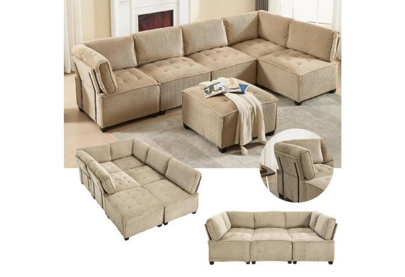LVHOM Loungesofa Modulares 6er-Sofa mit Ottomane, Großformat U/L-Form + Schlaffunktion, 6 einzelne Module kombinierbar als U-/L-Form, Zweisitzer, Dreisitzer oder 164×230cm Schlafsofa. Stabiler Hybridrahmen (Holz/Metall, 400kg Last) mit bodenschonenden Kunststofffüßen, Ergonomische Rücken-/Armlehnen, Atmungsaktiver Cordbezug von LVHOM