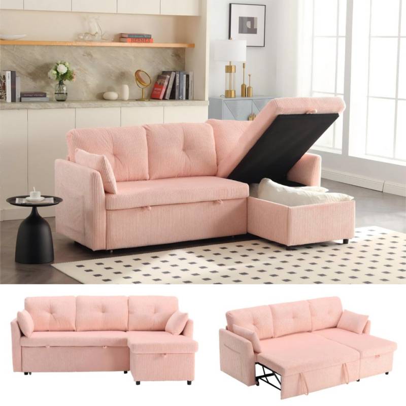 LVHOM Loungesofa Ecksofa,Ottomane,Schlaffunktion,Stauraum,2 Kissen,Seitentasche,Modular, links/rechts reversibler Chaiselongue = Umsetzbare Polsterliege, Sofa & Bett in Einem, Gästebett/Polsterbett/Daybett/Schlafsofa/Loungesofa, Max. 3 Personen von LVHOM