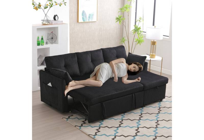LVHOM Loungesofa Ecksofa,Ottomane,Schlaffunktion,Stauraum,2 Kissen,Seitentasche,Modular, links/rechts reversibler Chaiselongue = Umsetzbare Polsterliege, Sofa & Bett in Einem, Gästebett/Polsterbett/Daybett/Schlafsofa/Loungesofa, Max. 3 Personen von LVHOM