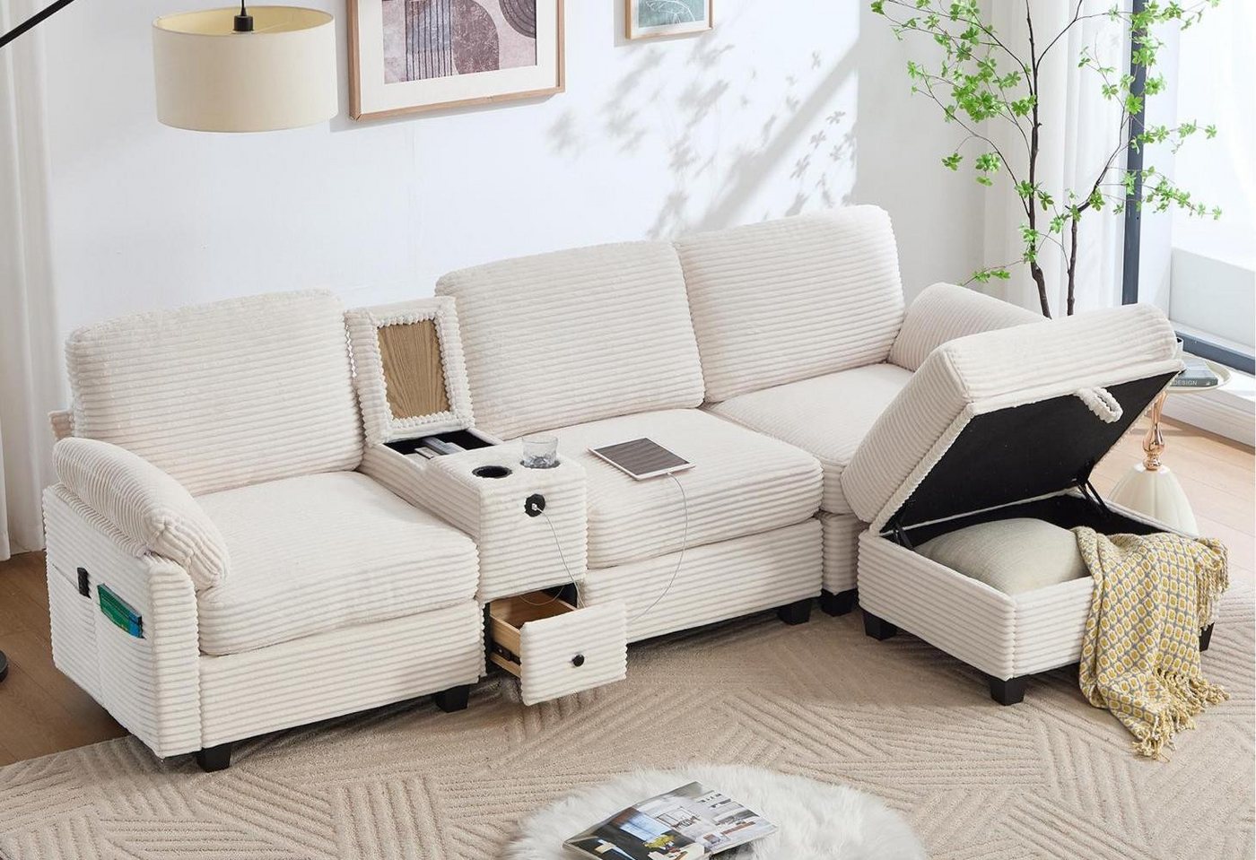 LVHOM Wohnlandschaft Loungesofa: 3-Sitzer + Sessel für 3–4 Personen, Fußhocker mit Stauraum, L-förmig links/rechts kombinierbar, bewegliche Konsole (2 Cup-Halter + Staufach +Schubladen +USB, Type C-Ladestation), Seitentaschen, Massivholz-Rahmen, Memory Foam-Komfort, Stau-Ottoman (Sitz/Fußbank), strapazierfähiger Cordbezug, flexible Gestaltung im Wohnzimmer/Homeoffice für Fernsehabende, Gäste LVHOM Wohnlandschaft Loungesofa: 3-Sitzer + Sessel für 3–4 Personen, Fußhocker mit Stauraum, L-förmig links/rechts kombinierbar, bewegliche Konsole (2 Cup-Halter + Staufach +Schubladen +USB, Type C-Ladestation), Seitentaschen, Massivholz-Rahmen, Memory Foam-Komfort, Stau-Ottoman (Sitz/Fußbank), strapazierfähiger Cordbezug, flexible Gestaltung im Wohnzimmer/Homeoffice für Fernsehabende, Gäste von LVHOM