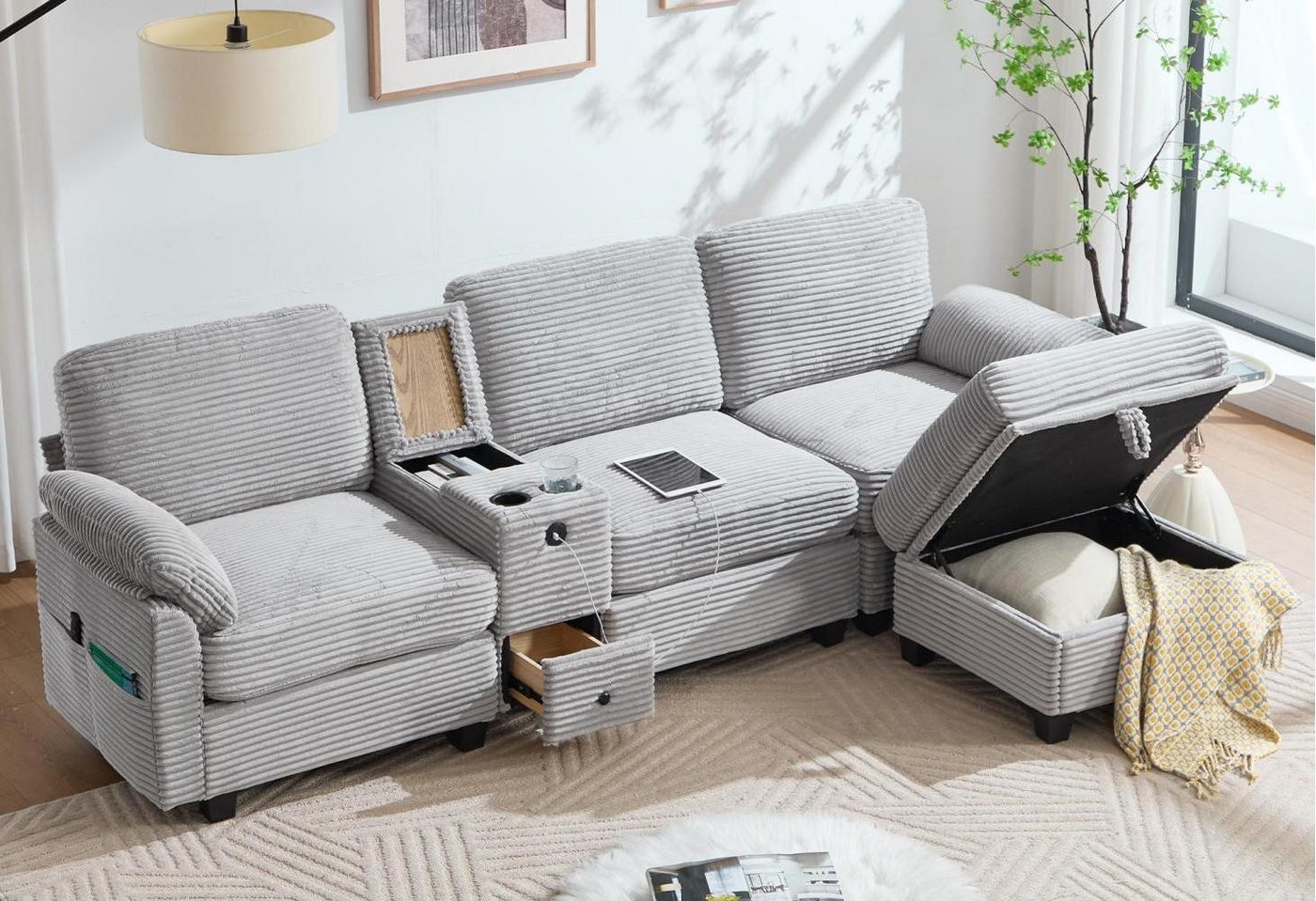 LVHOM Wohnlandschaft Loungesofa: 3-Sitzer + Sessel für 3–4 Personen, Fußhocker mit Stauraum, L-förmig links/rechts kombinierbar, bewegliche Konsole (2 Cup-Halter + Staufach +Schubladen +USB, Type C-Ladestation), Seitentaschen, Massivholz-Rahmen, Memory Foam-Komfort, Stau-Ottoman (Sitz/Fußbank), strapazierfähiger Cordbezug, flexible Gestaltung im Wohnzimmer/Homeoffice für Fernsehabende, Gäste LVHOM Wohnlandschaft Loungesofa: 3-Sitzer + Sessel für 3–4 Personen, Fußhocker mit Stauraum, L-förmig links/rechts kombinierbar, bewegliche Konsole (2 Cup-Halter + Staufach +Schubladen +USB, Type C-Ladestation), Seitentaschen, Massivholz-Rahmen, Memory Foam-Komfort, Stau-Ottoman (Sitz/Fußbank), strapazierfähiger Cordbezug, flexible Gestaltung im Wohnzimmer/Homeoffice für Fernsehabende, Gäste von LVHOM