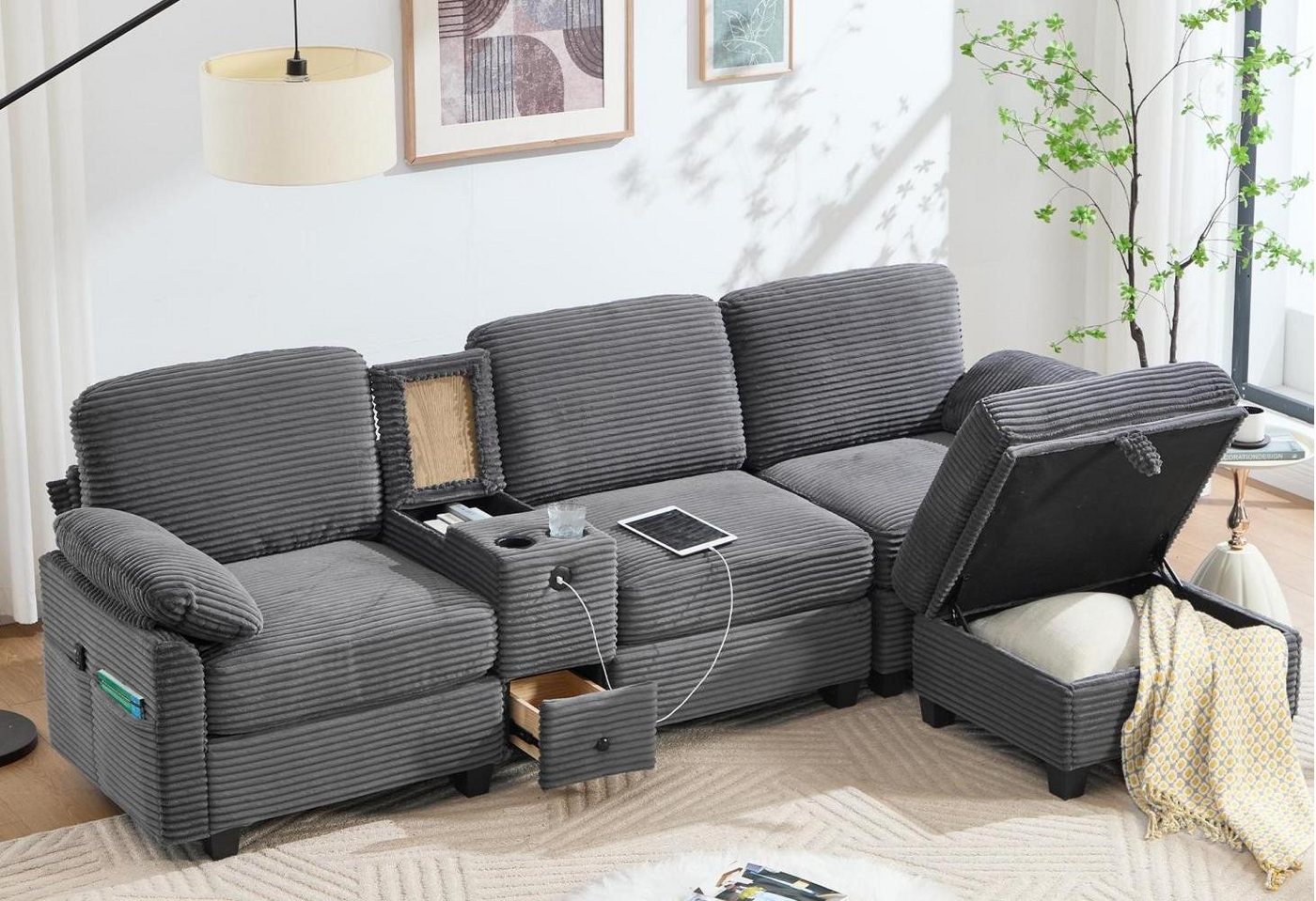 LVHOM Loungesofa für 3–4 Personen mit Fußhocker mit Stauraum,Cordstoff, Modern-Design, hochdichter Schaumstoff und Memory-Schaum, zwei Getränkehalter, Seitentaschen, USB-C-Anschluss, Schubladen und Ablagefach, beweglicher Fußhocker für flexible Gestaltung, Wohnzimmer/Homeoffice von LVHOM