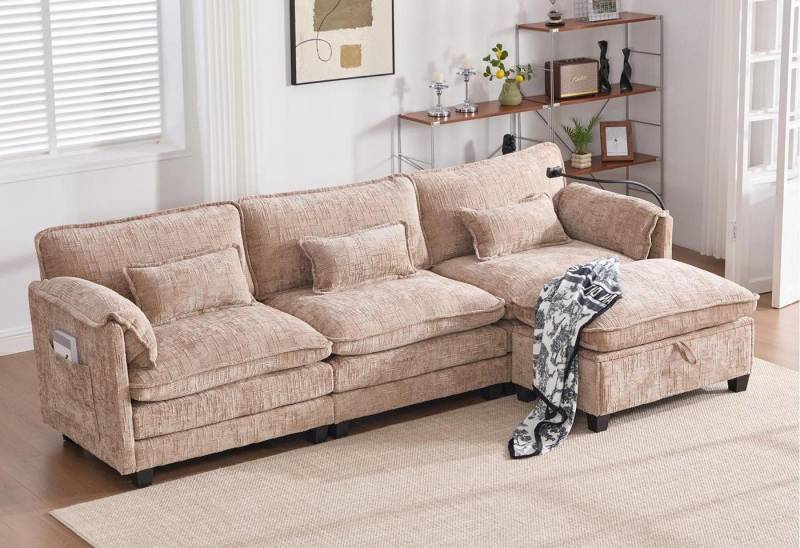 LVHOM Loungesofa mit Fußhocker, gepolstertes Ecksofa/Relaxliege/stabiler Rahmen, Chenille-Stoff, Schwamm + Memory-Schaum für Komfort und Rückfederung, drei Zierkissen + zwei Armlehnenkissen,Seitentaschen, USB-/Typ-C-Anschluss, Telefonhalterung, beweglicher Fußhocker mit Stauraum,bis 350 kg,Wohnzimmer/Home-Office LVHOM Loungesofa mit Fußhocker, gepolstertes Ecksofa/Relaxliege/stabiler Rahmen, Chenille-Stoff, Schwamm + Memory-Schaum für Komfort und Rückfederung, drei Zierkissen + zwei Armlehnenkissen,Seitentaschen, USB-/Typ-C-Anschluss, Telefonhalterung, beweglicher Fußhocker mit Stauraum,bis 350 kg,Wohnzimmer/Home-Office von LVHOM