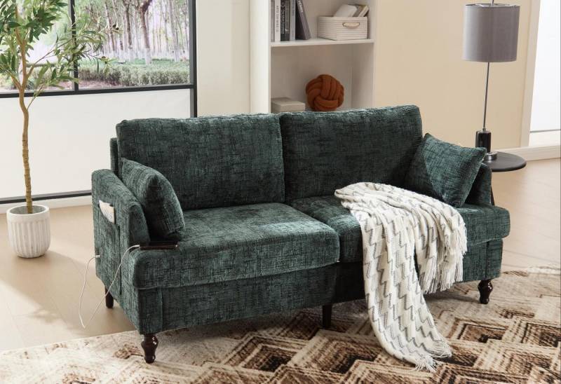 LVHOM Loungesofa mit LED-Licht in 16 Farben, USB-Ladeanschluss und Aufbewahrungstasche, Zweisitziger Wohnlandschafts-Klassiker: Premium Chenille-Webstoff bezogen, stabiler Holzrahmen mit dekorativen Flaschenkürbis-Füßen (13 cm Bodenfreiheit)., für Wohn-/Arbeits-/Schlafbereich.Roboterstaubsauger-tauglich von LVHOM