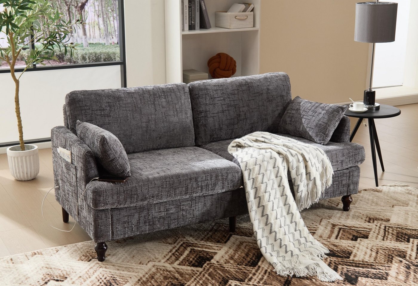 LVHOM Loungesofa mit LED-Licht in 16 Farben, USB-Ladeanschluss und Aufbewahrungstasche, 2-Sitzer, 2 Kissen, Chenille - Stoff, Sofabeine aus Massivholz von LVHOM