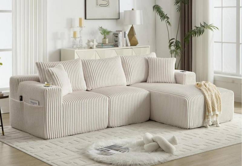 LVHOM Polsterecke mit Liegesessel und Doppelsitz, 5 Kissen(abnehmbar und waschbar), Modulares Sofa mit Seitentaschen und Getränkehaltern, Hochdichter Schaumstoff, Cordstoff, DIY-Design, für Wohnzimmer/Arbetszimmer/Schlafzimmer von LVHOM