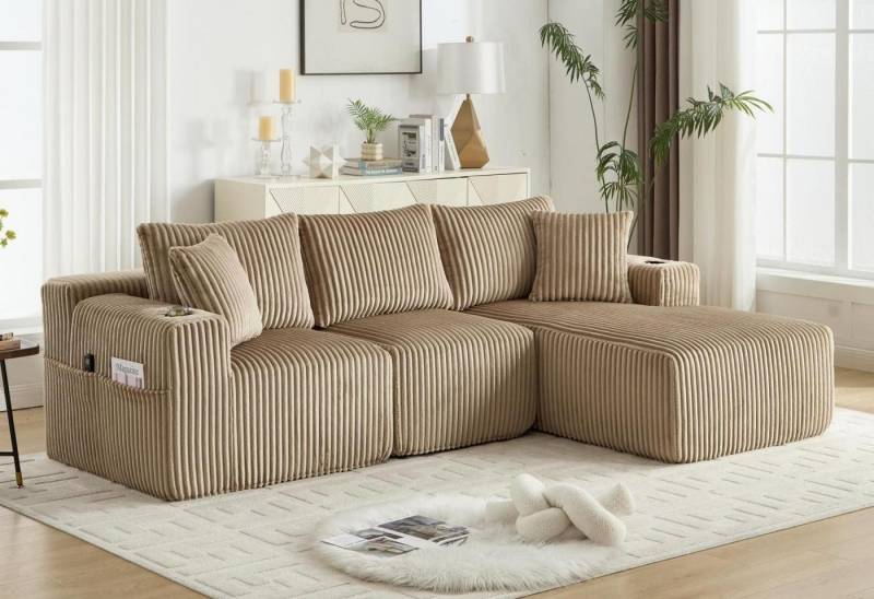 LVHOM Polsterecke mit Chaiselongue + Zweisitzer, 5 Kissen, Seitentaschen, Getränkehalter, maximale Belastung: 600 kg! Modulares Loungesofa vollgepolstert mit Hochdichter Schaumstoff, hautfreundlicher Cordstoff, montagefrei, pflegeleichte Oberfläche, Wohnzimmer/Arbeitszimmer/Schlafzimmer/Apartment/Homeoffice/Gästezimmer von LVHOM