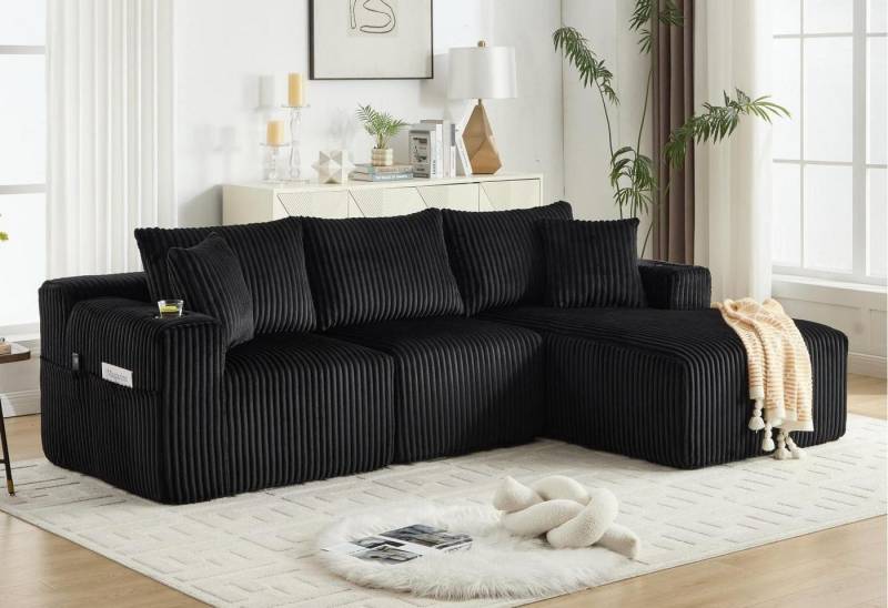LVHOM Polsterecke mit Liegesessel und Doppelsitz, 5 Kissen(abnehmbar und waschbar), Modulares Sofa mit Seitentaschen und Getränkehaltern, Hochdichter Schaumstoff, Cordstoff, DIY-Design, für Wohnzimmer/Arbetszimmer/Schlafzimmer von LVHOM