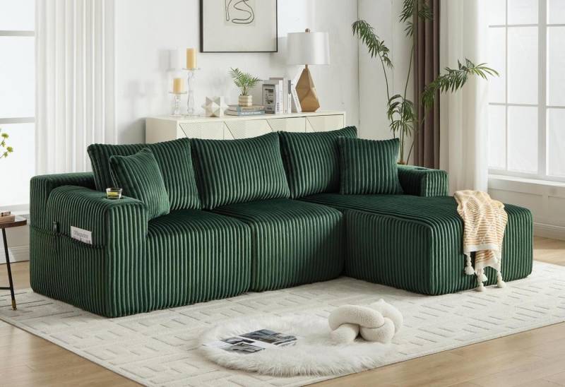 LVHOM Polsterecke mit Liegesessel und Doppelsitz, 5 Kissen(abnehmbar und waschbar), Modulares Sofa mit Seitentaschen und Getränkehaltern, Hochdichter Schaumstoff, Cordstoff, DIY-Design, für Wohnzimmer/Arbetszimmer/Schlafzimmer von LVHOM