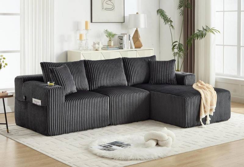LVHOM Polsterecke mit Liegesessel und Doppelsitz, 5 Kissen(abnehmbar und waschbar), Modulares Sofa mit Seitentaschen und Getränkehaltern, Hochdichter Schaumstoff, Cordstoff, DIY-Design, für Wohnzimmer/Arbetszimmer/Schlafzimmer von LVHOM