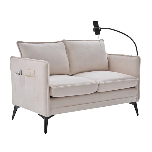 LVHOM Mini Sofa 2-Sitzer mit USB-Ladeanschluss & Handyhalterung | Modernes Chenille-Wohnzimmersofa in Beige | Mit Seitentaschen | Für kleine Räume, Büro & Wohnung von LVHOM