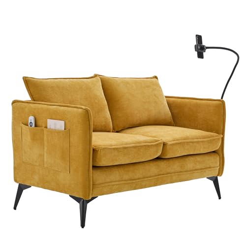LVHOM Mini Sofa 2-Sitzer mit USB-Ladeanschluss & Handyhalterung | Modernes Chenille-Wohnzimmersofa in Gelb | Mit Seitentaschen | Für kleine Räume, Büro & Wohnung von LVHOM