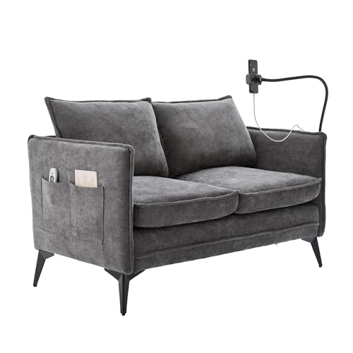 LVHOM Mini Sofa 2-Sitzer mit USB-Ladeanschluss & Handyhalterung | Modernes Chenille-Wohnzimmersofa in Grau | Mit Seitentaschen | Für kleine Räume, Büro & Wohnung von LVHOM