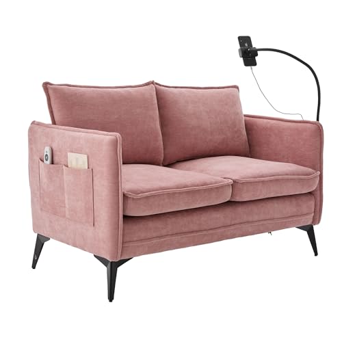LVHOM Mini Sofa 2-Sitzer mit USB-Ladeanschluss & Handyhalterung | Modernes Chenille-Wohnzimmersofa in Rosa | Mit Seitentaschen | Für kleine Räume, Büro & Wohnung von LVHOM