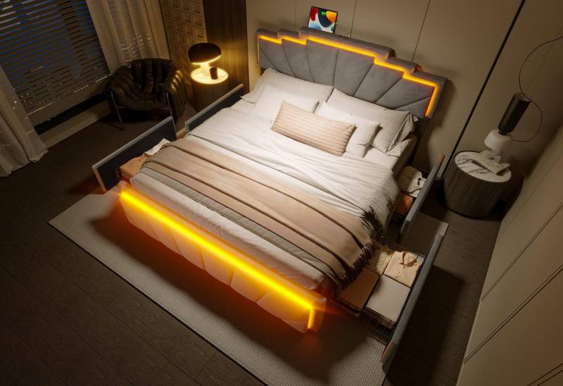 LVHOM Polsterbett 140/160x200cm modernes Doppelbett mit ergonomischem Trapezkopfteil (integrierter indirekter LED-Beleuchtung und doppelter Höhenverstellung, 4 geräuscharme Rollenschubladen mit hoher Tragkraft, USB-C Schnellladefunktion, verstellbares Samt-Kopfteil), wahlweise in 2 Größen und 2 Farben von LVHOM