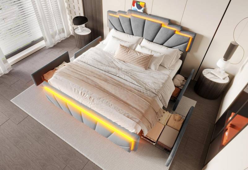 LVHOM Polsterbett 140/160x200cm modernes Doppelbett mit ergonomischem Trapezkopfteil (integrierter indirekter LED-Beleuchtung und doppelter Höhenverstellung, 4 geräuscharme Rollenschubladen mit hoher Tragkraft, USB-C Schnellladefunktion, verstellbares Samt-Kopfteil), wahlweise in 2 Größen und 2 Farben von LVHOM