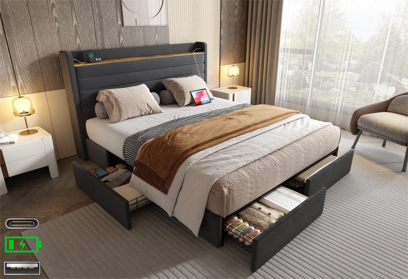 LVHOM Polsterbett 140x200cm/160x200cm Bettgestell, Doppelbett/Stauraumbett/Funktionsbett (4 praktischen Stauraumschubladen,USB-Anschlüssen, Kopfteil mit Einlegeboden(Samt, modernem Design, dick gepolstert) stabilen Stützsäulen, für maximalen Komfort und Funktionalität im Schlafzimmer), für kleinen Apartments, Jugendzimmer, Ferienwohnung, Studio-Wohnung, Loft von LVHOM