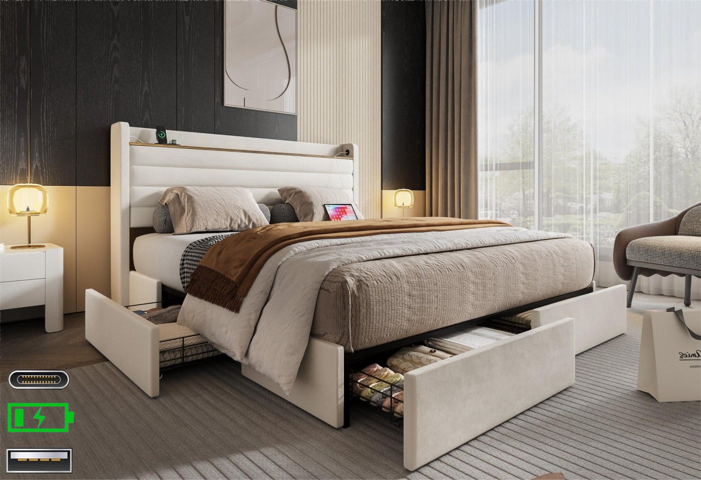 LVHOM Polsterbett 140x200cm/160x200cm Bettgestell, Doppelbett/Stauraumbett/Funktionsbett (4 praktischen Stauraumschubladen,USB-Anschlüssen, Kopfteil mit Einlegeboden(Samt, modernem Design, dick gepolstert) stabilen Stützsäulen, für maximalen Komfort und Funktionalität im Schlafzimmer), für kleinen Apartments, Jugendzimmer, Ferienwohnung, Studio-Wohnung, Loft LVHOM Polsterbett 140x200cm/160x200cm Bettgestell, Doppelbett/Stauraumbett/Funktionsbett (4 praktischen Stauraumschubladen,USB-Anschlüssen, Kopfteil mit Einlegeboden(Samt, modernem Design, dick gepolstert) stabilen Stützsäulen, für maximalen Komfort und Funktionalität im Schlafzimmer), für kleinen Apartments, Jugendzimmer, Ferienwohnung, Studio-Wohnung, Loft von LVHOM