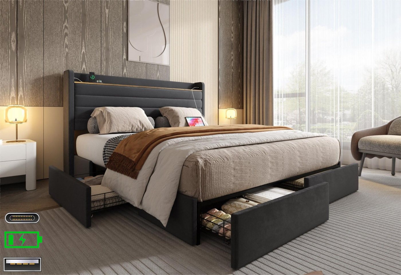 LVHOM Polsterbett 140x200cm/160x200cm Bettgestell, Doppelbett/Stauraumbett/Funktionsbett (4 praktischen Stauraumschubladen,USB-Anschlüssen, Kopfteil mit Einlegeboden(Samt, modernem Design, dick gepolstert) stabilen Stützsäulen, für maximalen Komfort und Funktionalität im Schlafzimmer), für kleinen Apartments, Jugendzimmer, Ferienwohnung, Studio-Wohnung, Loft von LVHOM