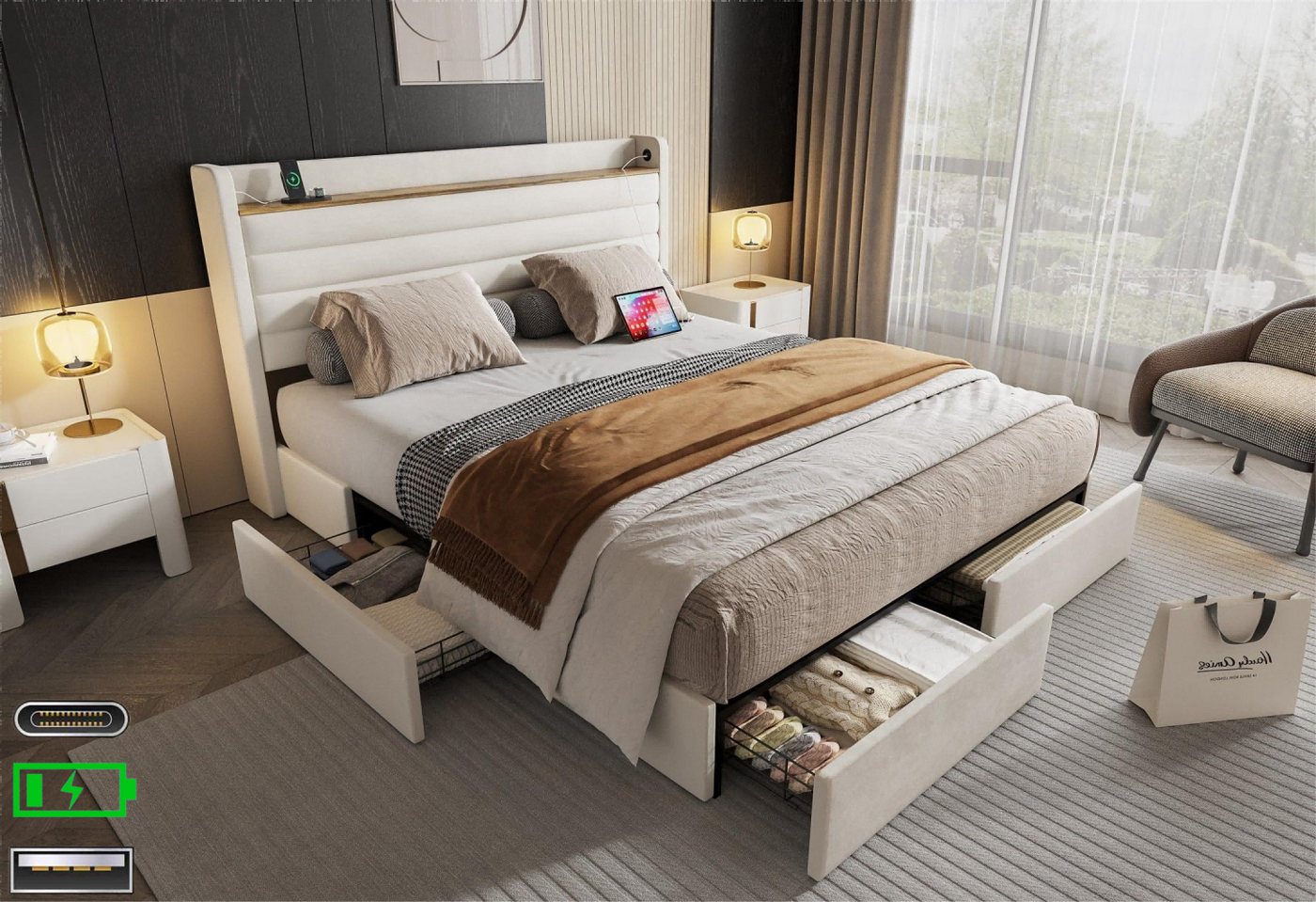 LVHOM Polsterbett 140x200cm/160x200cm Bettgestell, Doppelbett/Stauraumbett/Funktionsbett (4 praktischen Stauraumschubladen,USB-Anschlüssen, Kopfteil mit Einlegeboden(Samt, modernem Design, dick gepolstert) stabilen Stützsäulen, für maximalen Komfort und Funktionalität im Schlafzimmer), für kleinen Apartments, Jugendzimmer, Ferienwohnung, Studio-Wohnung, Loft von LVHOM