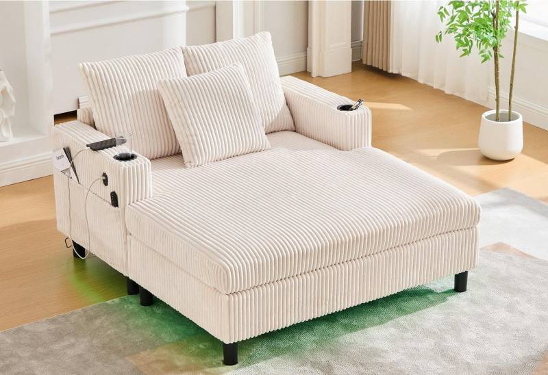 LVHOM Polsterliege XXL Relaxsessel mit LED-Licht & Ladestation - Haustierfreundlich (3 abnehmbare Kissen, große Seitentaschen, USB/Typ-C-Ladeanschlüssen, Getränkehalter, Großer Chaiselongue-Sessel, Ottomane in kratzfestem Samtstoff), Ergonomische Polsterung für Wohnzimmer, Büro oder Wintergarten von LVHOM