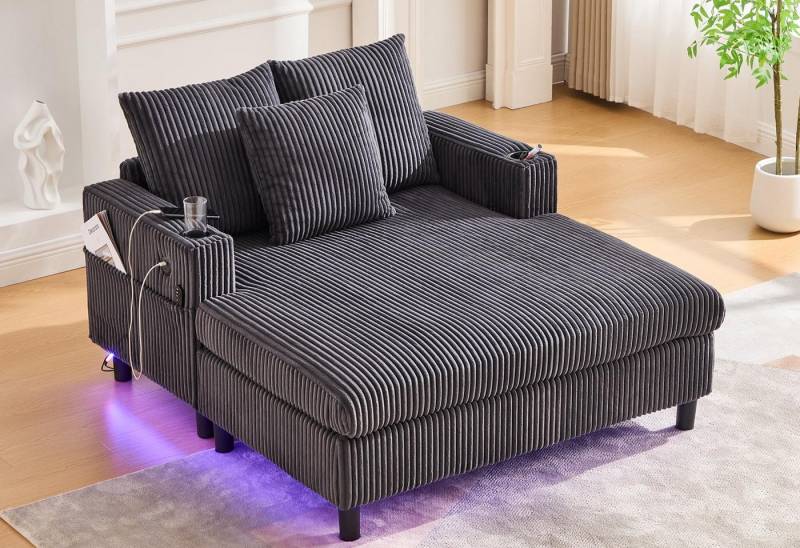 LVHOM Polsterliege XXL Relaxsessel mit LED-Licht & Ladestation - Haustierfreundlich (3 abnehmbare Kissen, große Seitentaschen, USB/Typ-C-Ladeanschlüssen, Getränkehalter, Großer Chaiselongue-Sessel, Ottomane in kratzfestem Samtstoff), Ergonomische Polsterung für Wohnzimmer, Büro oder Wintergarten von LVHOM