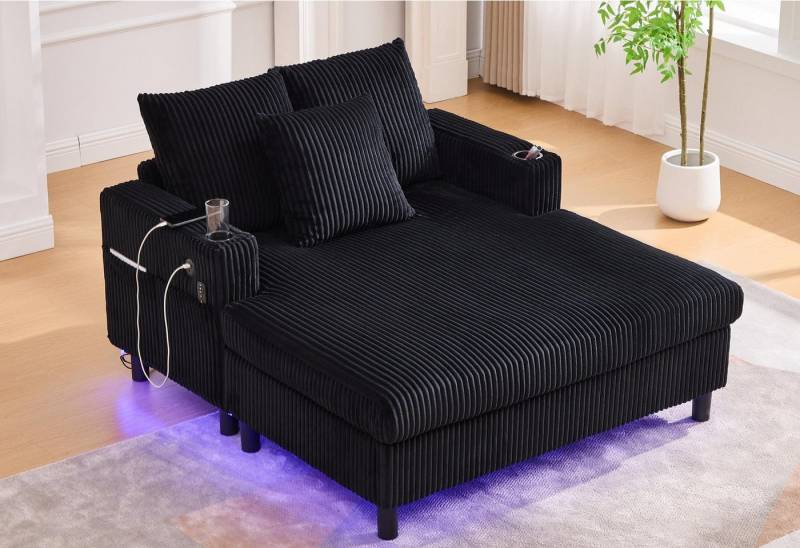 LVHOM Polsterliege XXL Relaxsessel mit LED-Licht & Ladestation - Haustierfreundlich (3 abnehmbare Kissen, große Seitentaschen, USB/Typ-C-Ladeanschlüssen, Getränkehalter, Großer Chaiselongue-Sessel, Ottomane in kratzfestem Samtstoff), Ergonomische Polsterung für Wohnzimmer, Büro oder Wintergarten von LVHOM