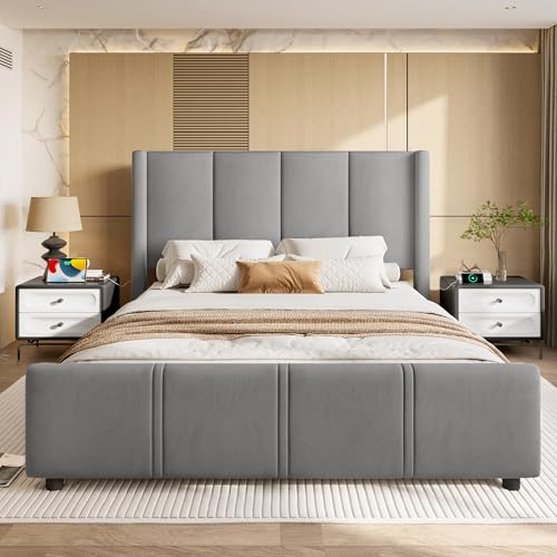 LVHOM Queen Size Bettgestell 160x200 cm mit USB-C | Velvet Bettrahmen mit hohem Kopfteil | Stabiles Design & einfach montierbar - Dunkelgrau von LVHOM