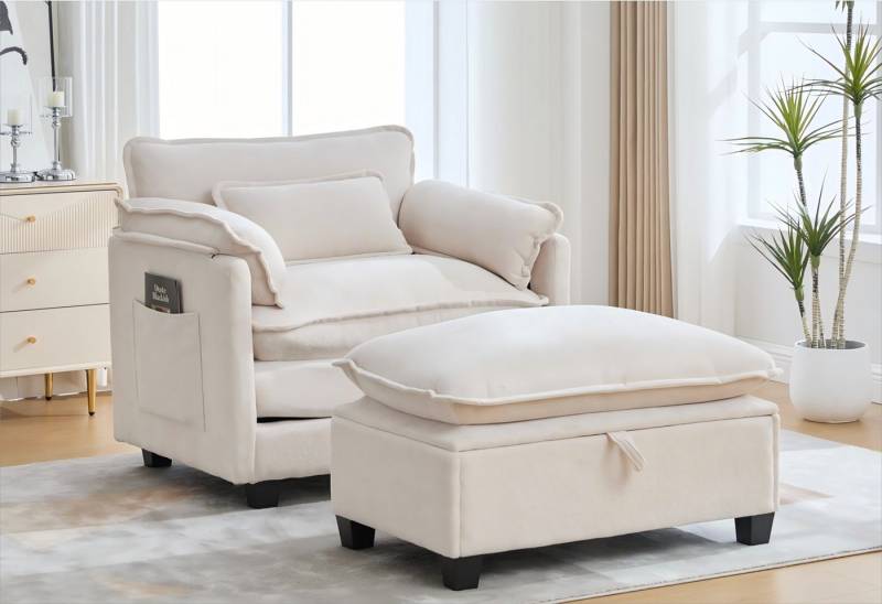 LVHOM XXL-Sessel Großer Samtsessel Set mit Stauhocker & Seitentaschen (Moderner Loungesessel. Übergroße Sitzfläche und -tiefe, Doppelpolster (fest/weich) + Stauraum für maximalen Komfort, Relaxsessel mit Hocker), Relax-Lösung für Wohnzimmer, Schlafzimmer oder kleine Apartments von LVHOM
