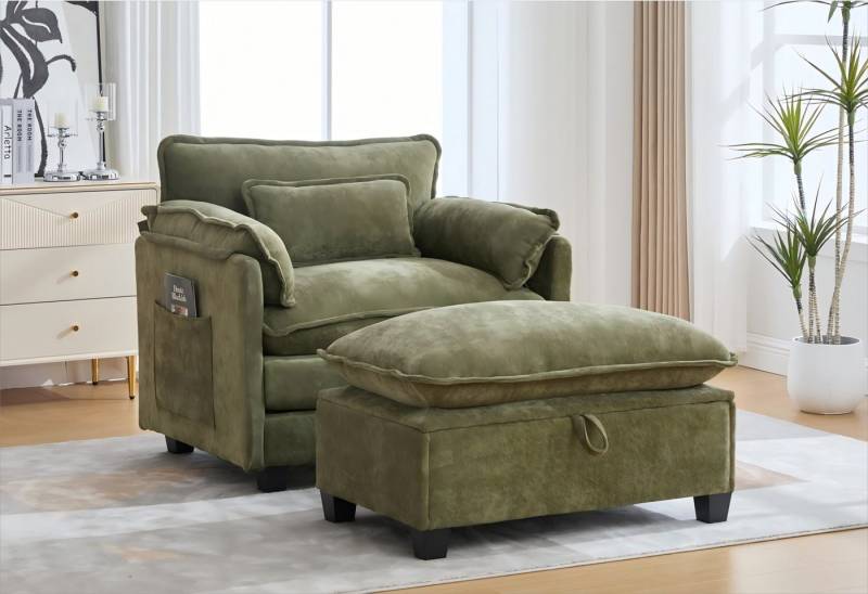 LVHOM XXL-Sessel Großer Samtsessel Set mit Stauhocker & Seitentaschen (Moderner Loungesessel. Übergroße Sitzfläche und -tiefe, Doppelpolster (fest/weich) + Stauraum für maximalen Komfort, Relaxsessel mit Hocker), Relax-Lösung für Wohnzimmer, Schlafzimmer oder kleine Apartments von LVHOM
