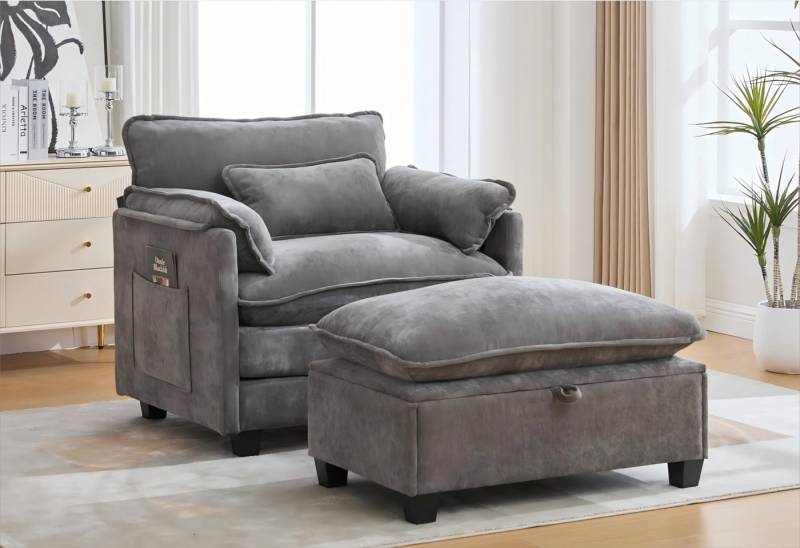 LVHOM XXL-Sessel Großer Samtsessel Set mit Stauhocker & Seitentaschen (Moderner Loungesessel. Übergroße Sitzfläche und -tiefe, Doppelpolster (fest/weich) + Stauraum für maximalen Komfort, Relaxsessel mit Hocker), Relax-Lösung für Wohnzimmer, Schlafzimmer oder kleine Apartments von LVHOM