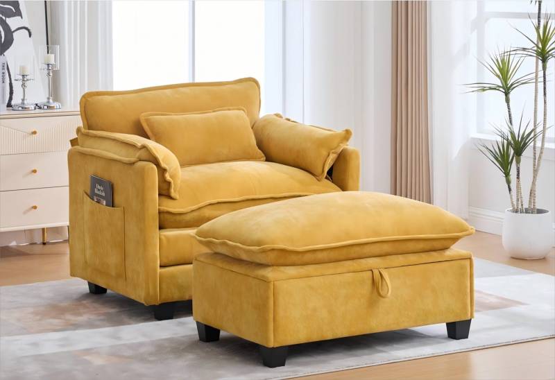 LVHOM XXL-Sessel Großer Samtsessel Set mit Stauhocker & Seitentaschen (Moderner Loungesessel. Übergroße Sitzfläche und -tiefe, Doppelpolster (fest/weich) + Stauraum für maximalen Komfort, Relaxsessel mit Hocker), Relax-Lösung für Wohnzimmer, Schlafzimmer oder kleine Apartments von LVHOM
