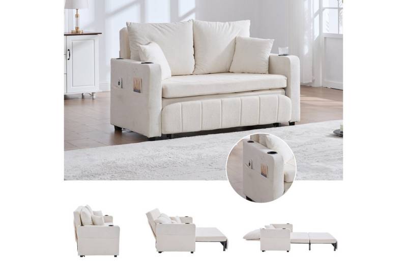 LVHOM Schlafsofa Kompakt-Sofa mit Auszieh-Bettfunktion, USB/Type-C Ladestation, 90°-180° verstellbare Rückenlehne, 2 großzügige Sitzkissen + 2 Zierkissen(abnehmbar, waschbar), 2 Getränkehalter + Stauraumtasche, 280kg Tragkraft, mit Relaxfunktion für Gästeübernachtungen oder tägliche Entspannung von LVHOM